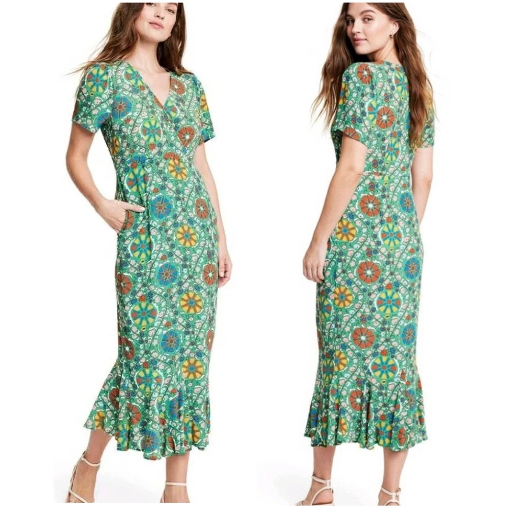 Rhode x Target Zinnia Floral Print Midi Dress Women 28 Green V-Neck‎ Flared Hem